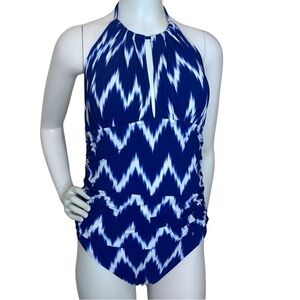 La Blanca Women’s Blue & White Ikat Halter Neck One-Piece Swimsuit Beach Pool